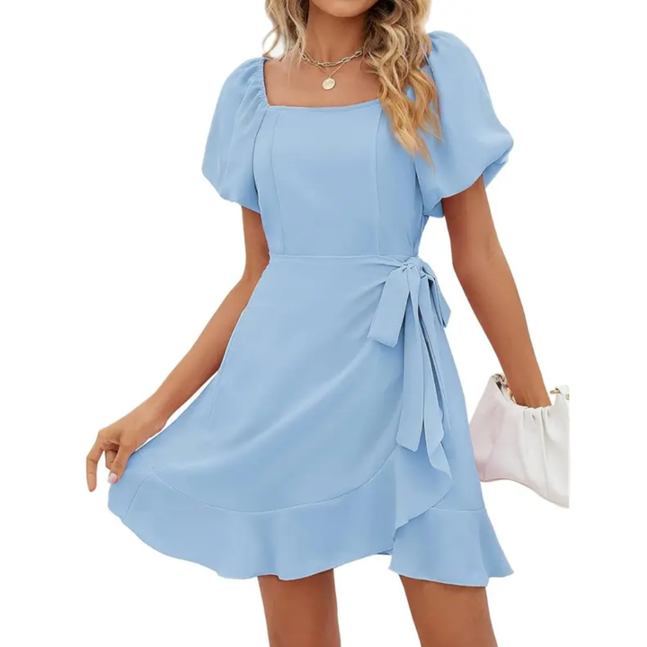 Jonalie - Robe d'été à encolure carrée et manches bouffantes avec ceinture