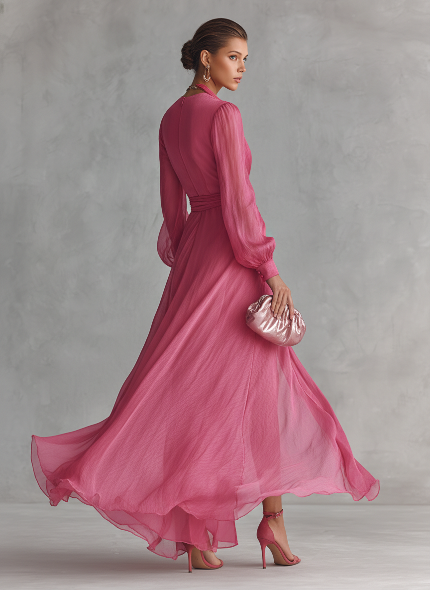 Robe longue élégante rose avec perles et décolleté en V pour femmes
