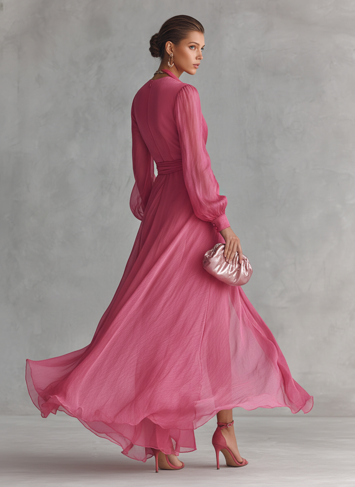 Robe longue élégante rose avec perles et décolleté en V pour femmes