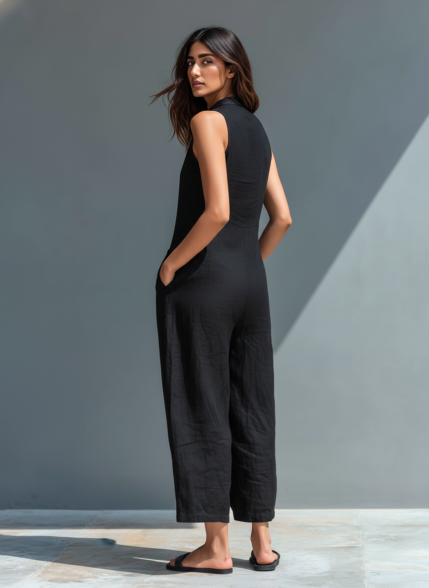 Combinaison Minimaliste Sans Manches pour Femmes avec Col Montant et Boutons