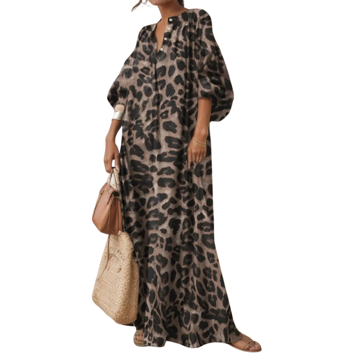 Maisie - Robe Maxi Léopard à Manches Bouffantes Boho