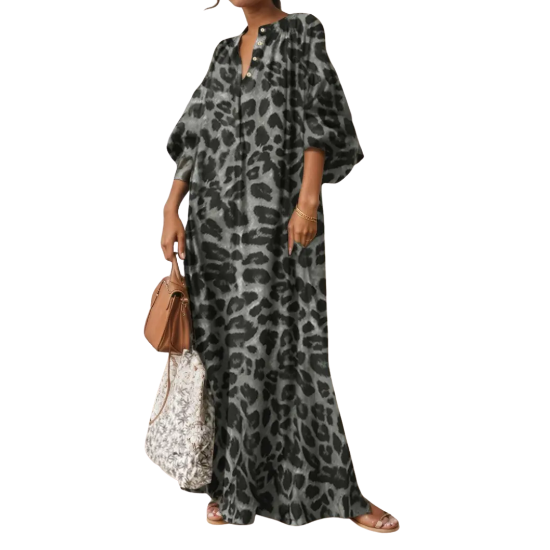 Maisie - Robe Maxi Léopard à Manches Bouffantes Boho