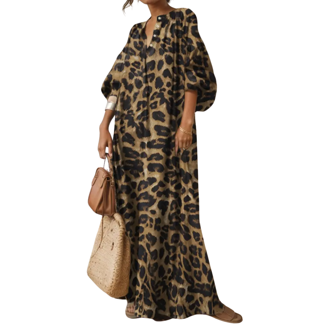 Maisie - Robe Maxi Léopard à Manches Bouffantes Boho