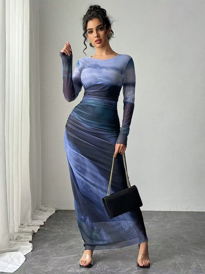 Tyronia – Robe Maxi Bodycon à Manches Longues Imprimée