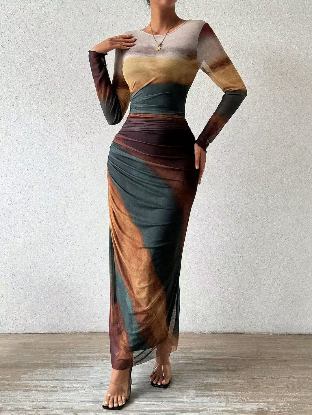 Tyronia – Robe Maxi Bodycon à Manches Longues Imprimée