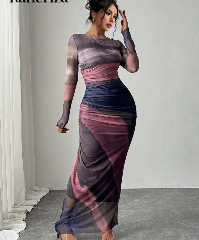 Tyronia – Robe Maxi Bodycon à Manches Longues Imprimée