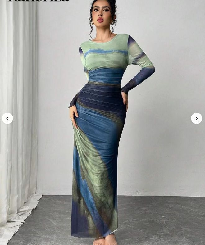 Tyronia – Robe Maxi Bodycon à Manches Longues Imprimée