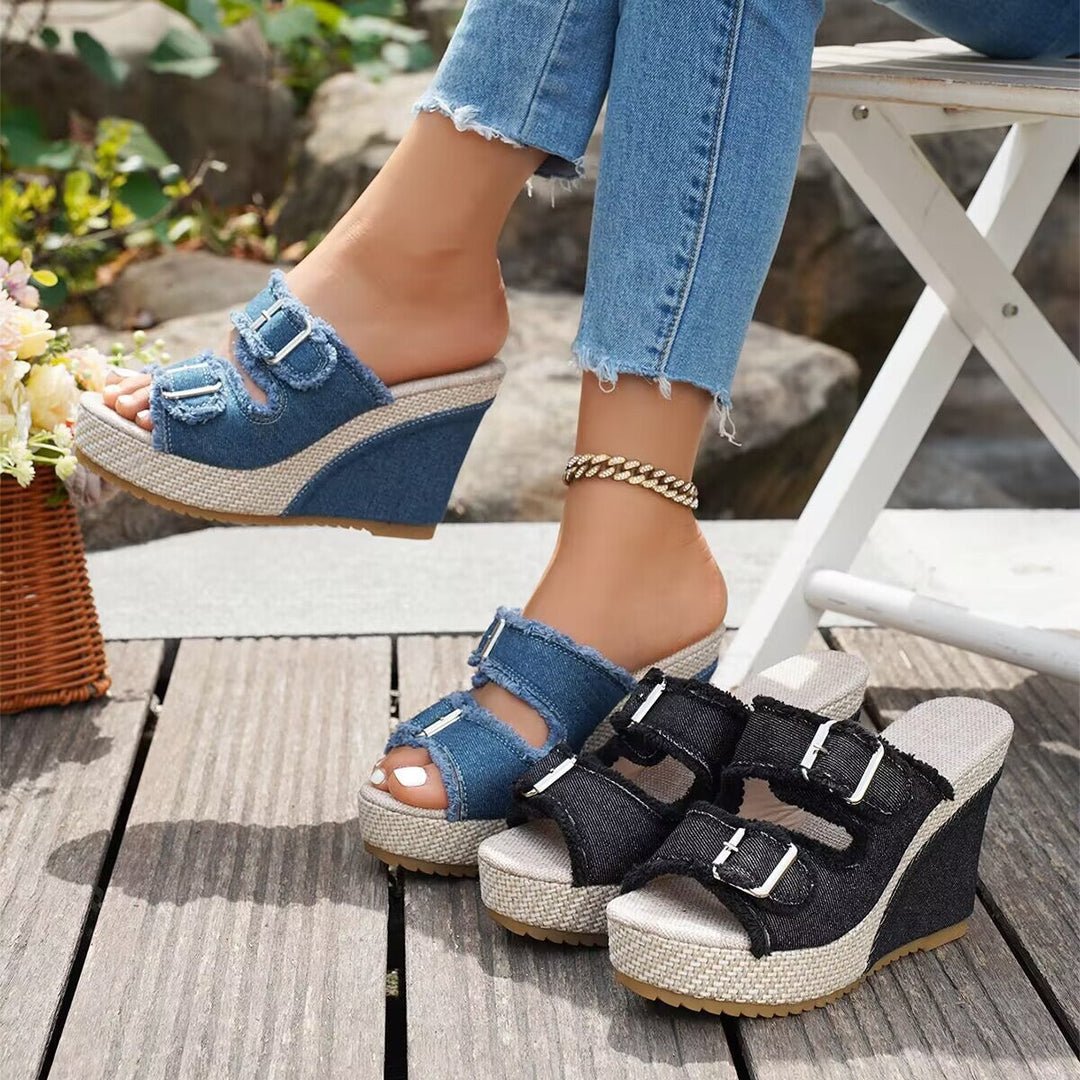 Zoya - Sandales à Talon Wedge avec Bord Effiloché et Confort Moderne