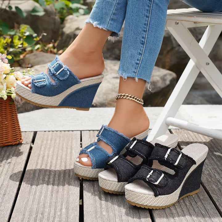 Zoya - Sandales à Talon Wedge avec Bord Effiloché et Confort Moderne