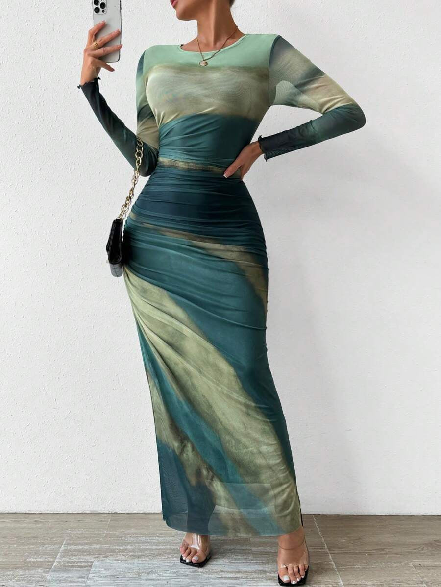 Tyronia – Robe Maxi Bodycon à Manches Longues Imprimée