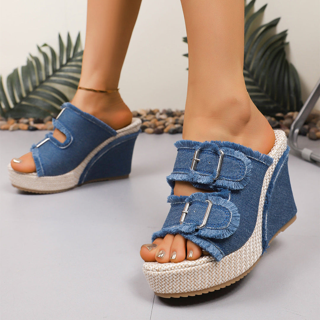 Zoya - Sandales à Talon Wedge avec Bord Effiloché et Confort Moderne