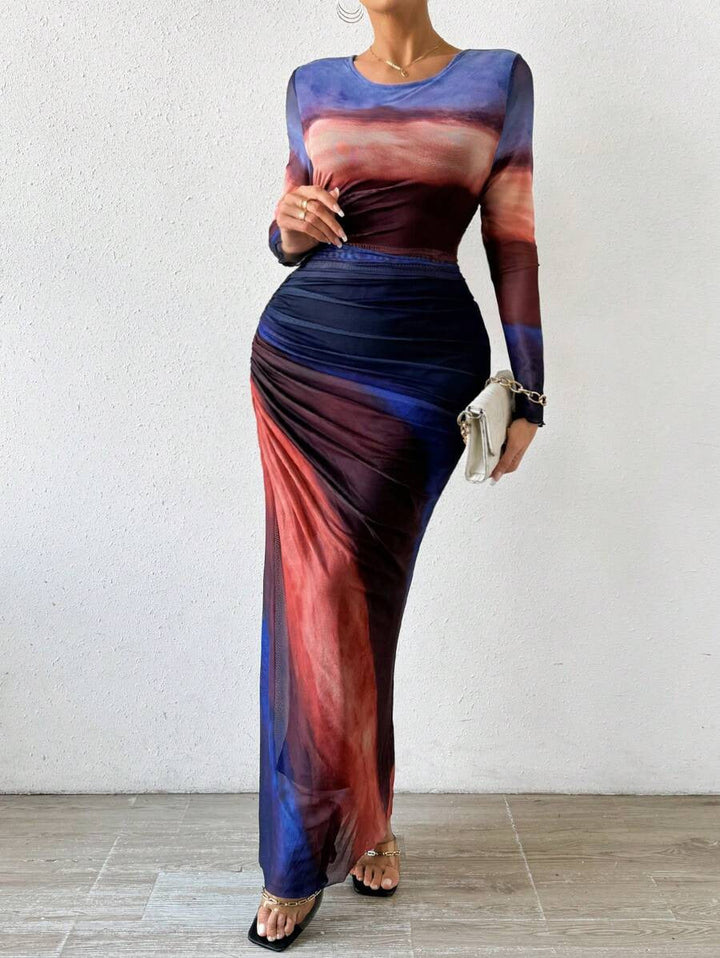 Tyronia – Robe Maxi Bodycon à Manches Longues Imprimée