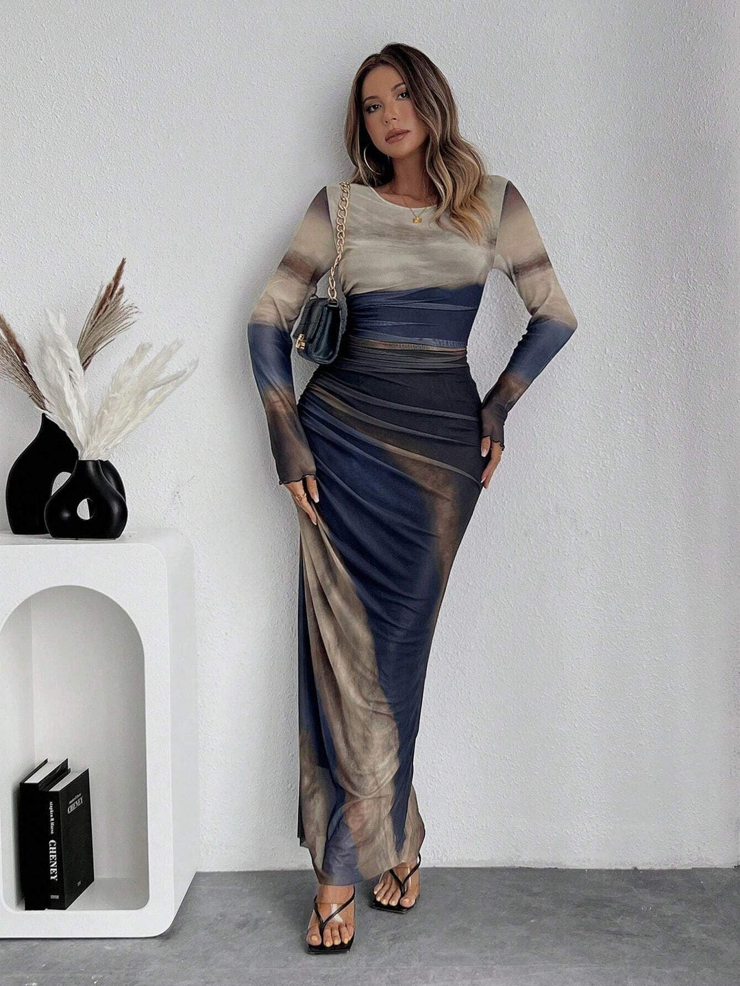Tyronia – Robe Maxi Bodycon à Manches Longues Imprimée