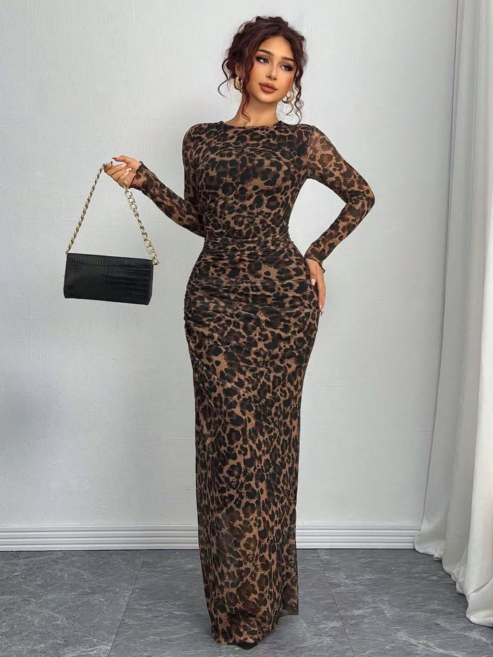 Tyronia – Robe Maxi Bodycon à Manches Longues Imprimée