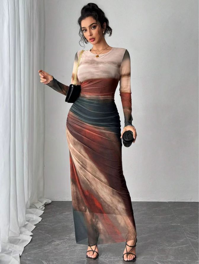 Tyronia – Robe Maxi Bodycon à Manches Longues Imprimée
