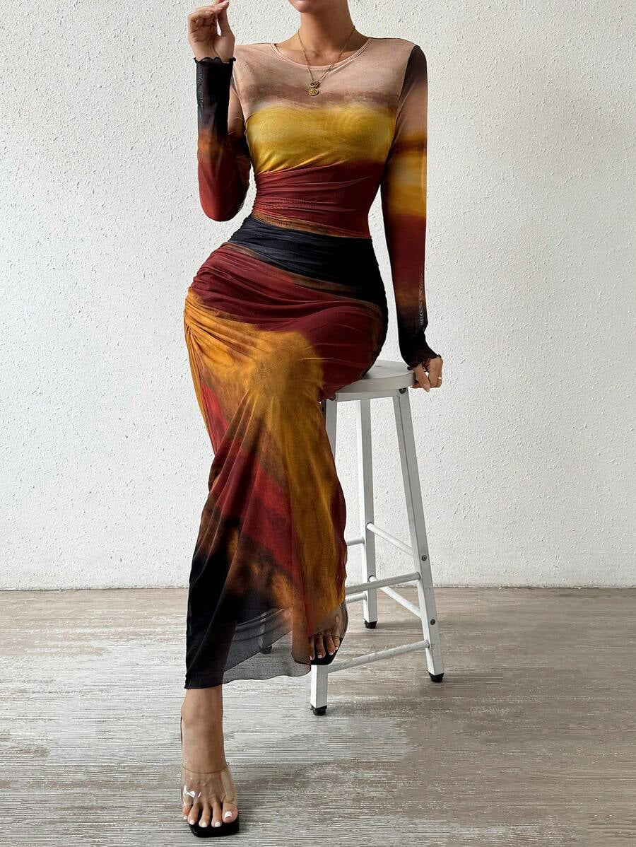 Tyronia – Robe Maxi Bodycon à Manches Longues Imprimée