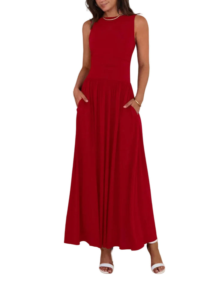 Emilia – Robe Maxi Sans Manches Taille Haute Plissée
