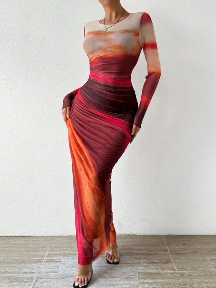 Tyronia – Robe Maxi Bodycon à Manches Longues Imprimée