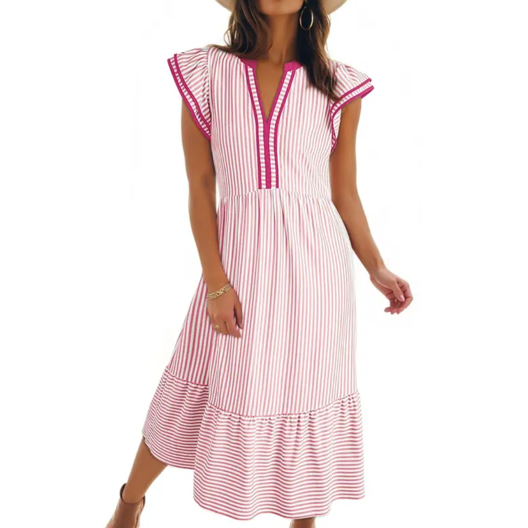 Ruby - Robe Midi à Volants Rayée et Aérée