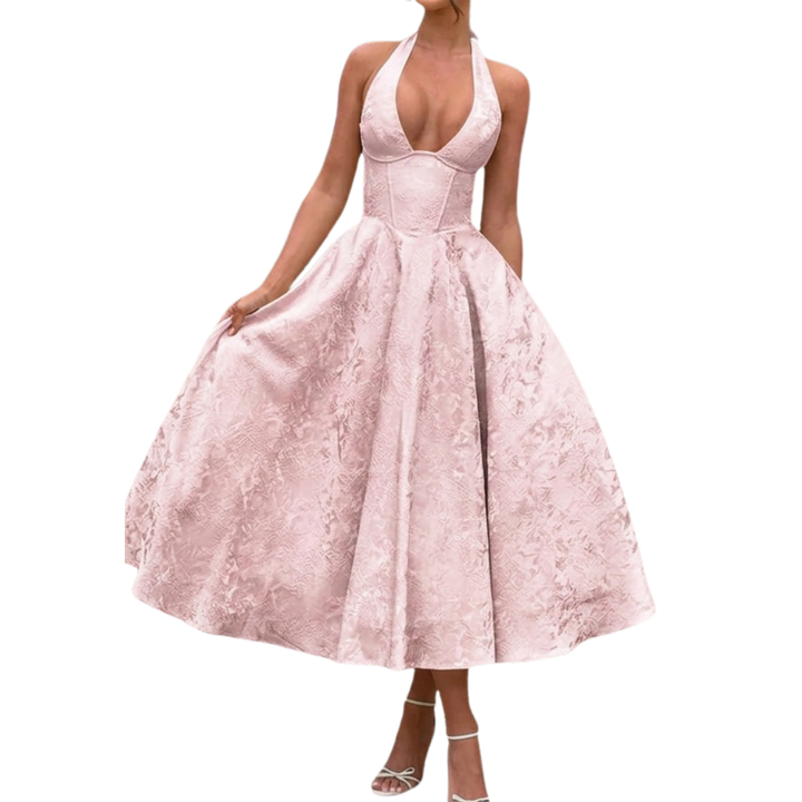 Loraine - Robe de soirée à encolure en V et halter brodée