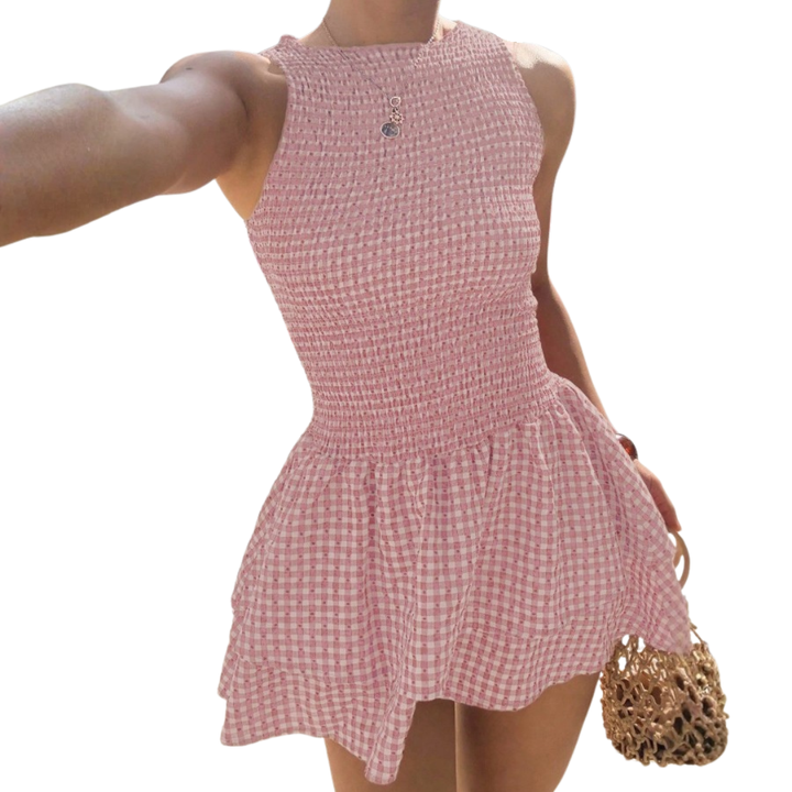 Lucinda - Robe Bouffante à Carreaux Chic Décolleté Épaule Dégagée