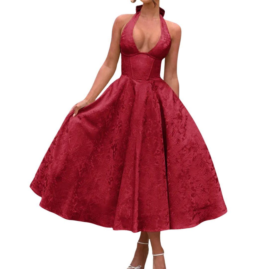Loraine - Robe de soirée à encolure en V et halter brodée