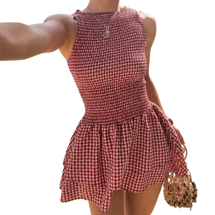 Lucinda - Robe Bouffante à Carreaux Chic Décolleté Épaule Dégagée