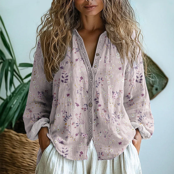 Audrey – Blouse Vintage à Imprimé Feuille