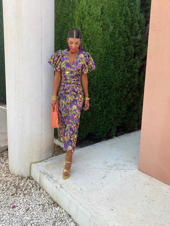 Lorena - Robe Midi Vibrante avec Manches Bouffantes