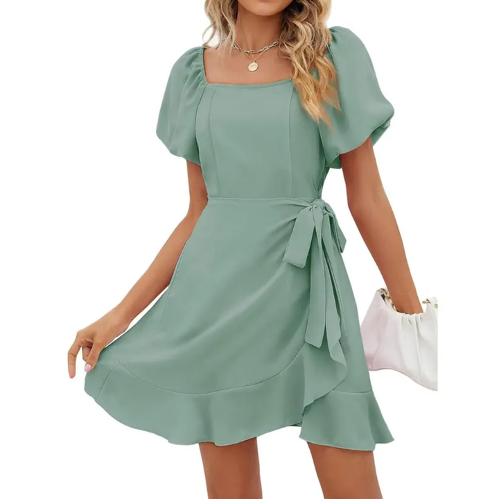 Jonalie - Robe d'été à encolure carrée et manches bouffantes avec ceinture
