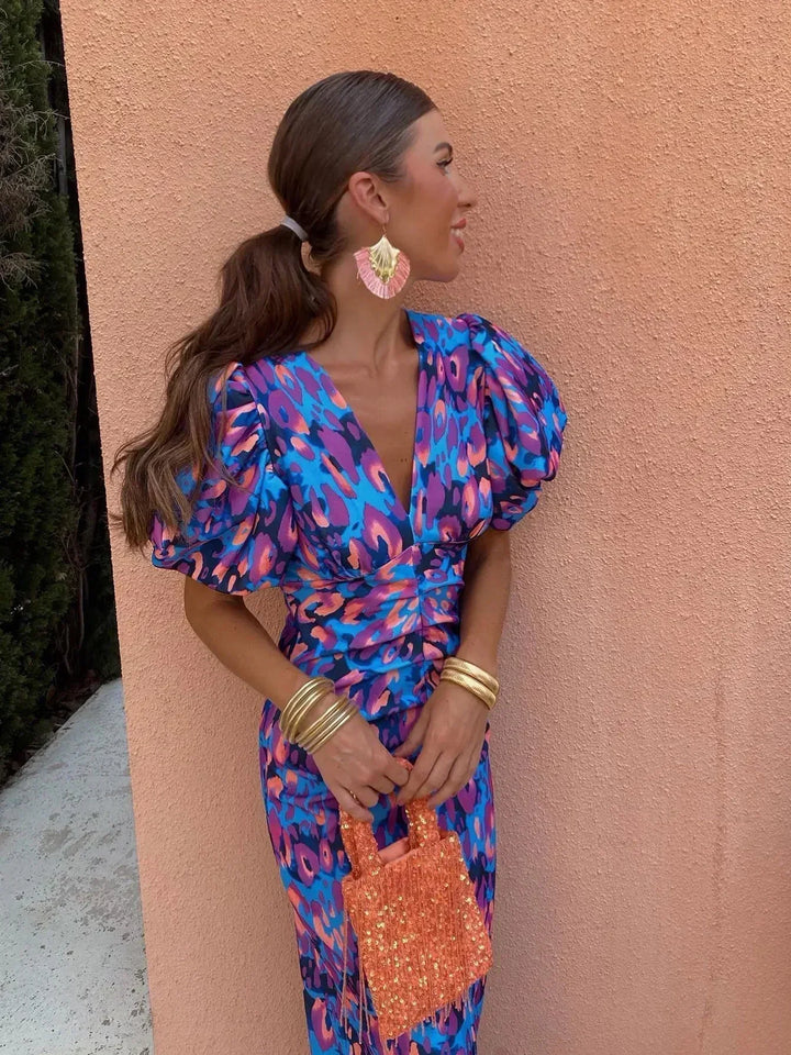 Lorena - Robe Midi Vibrante avec Manches Bouffantes