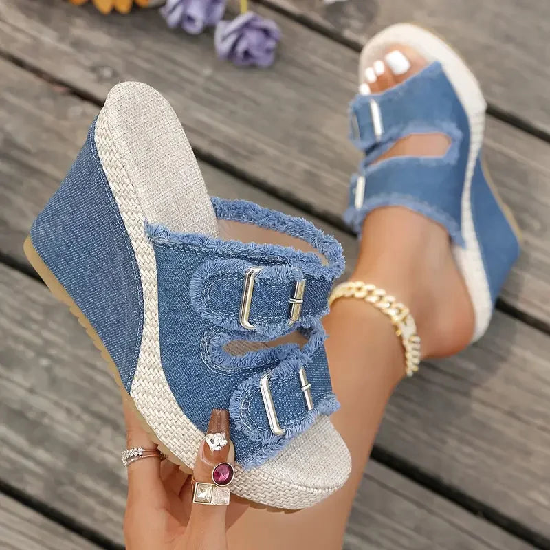 Zoya - Sandales à Talon Wedge avec Bord Effiloché et Confort Moderne