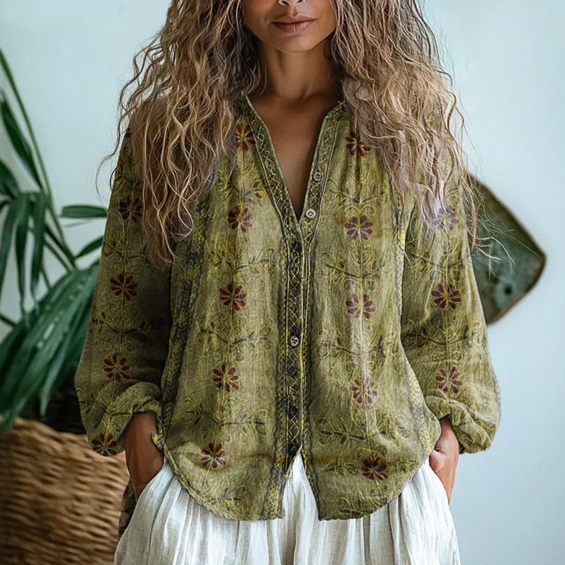 Audrey – Blouse Vintage à Imprimé Feuille