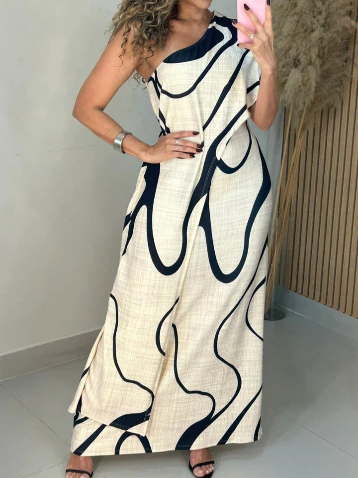 Merylle - Robe Maxi à Motif Abstrait Epaule Dégagée