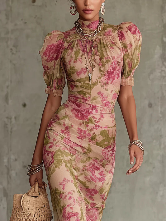Fiora | Robe Maxi à Manches Bouffantes en Rose Vintage Romantique