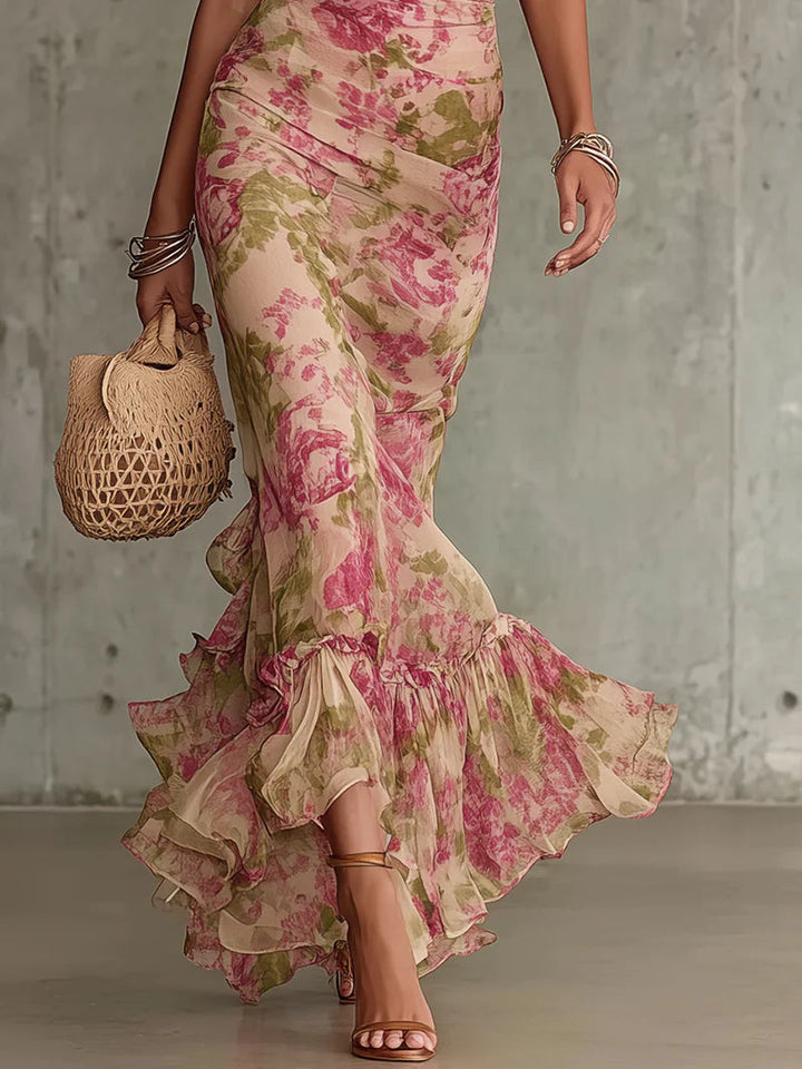 Margaret ∙ Robe longue avec imprimé rose vintage et manches bouffantes
