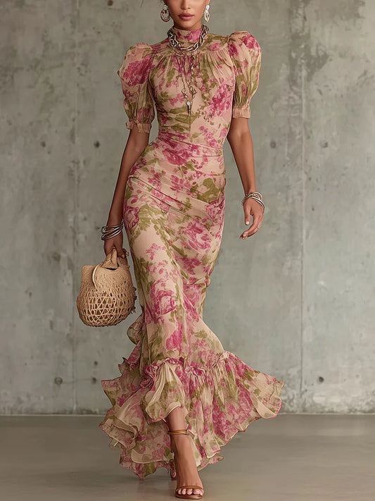 Fiora | Robe Maxi à Manches Bouffantes en Rose Vintage Romantique