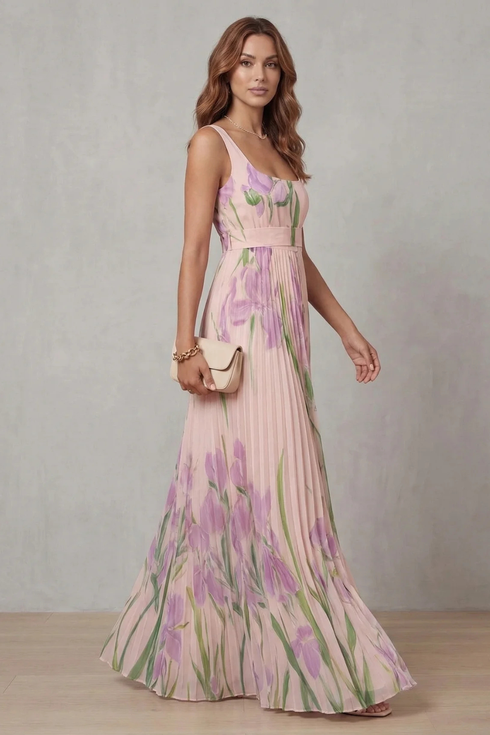 Coleen - Robe Maxi Plissée Fleurie Aquarelle
