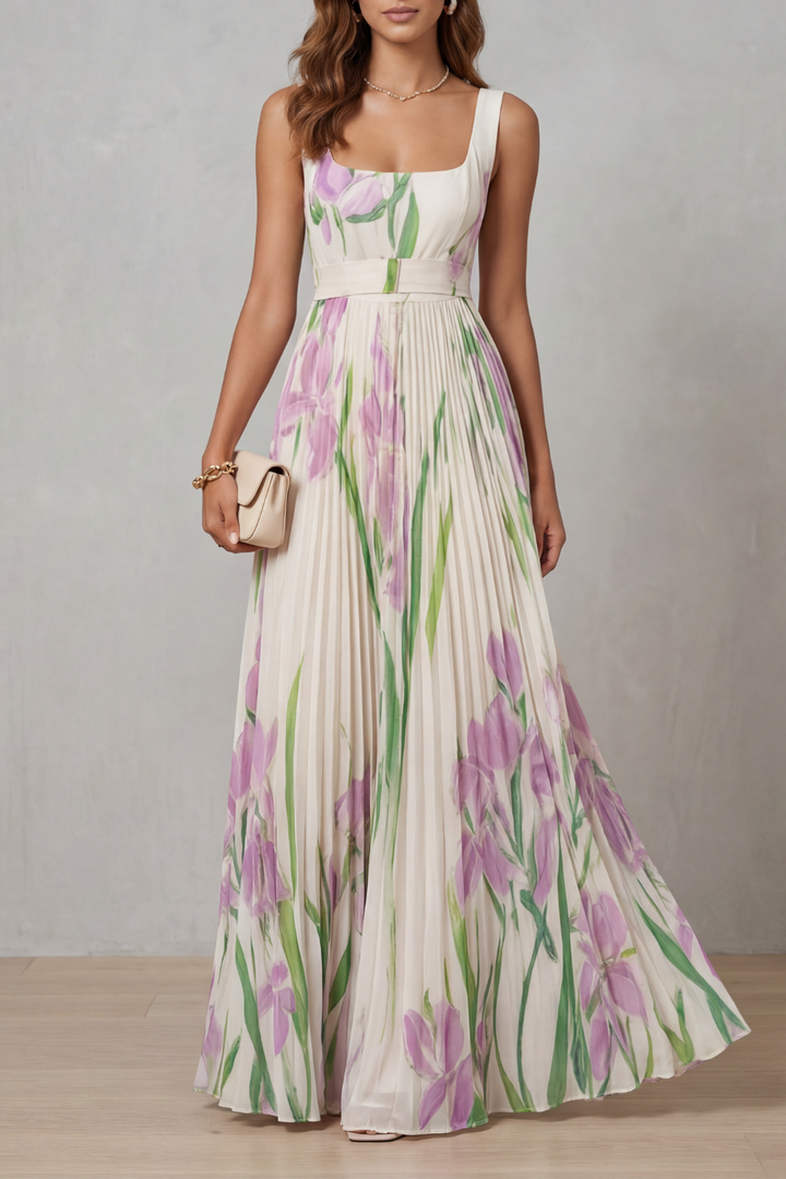 Coleen - Robe Maxi Plissée Fleurie Aquarelle