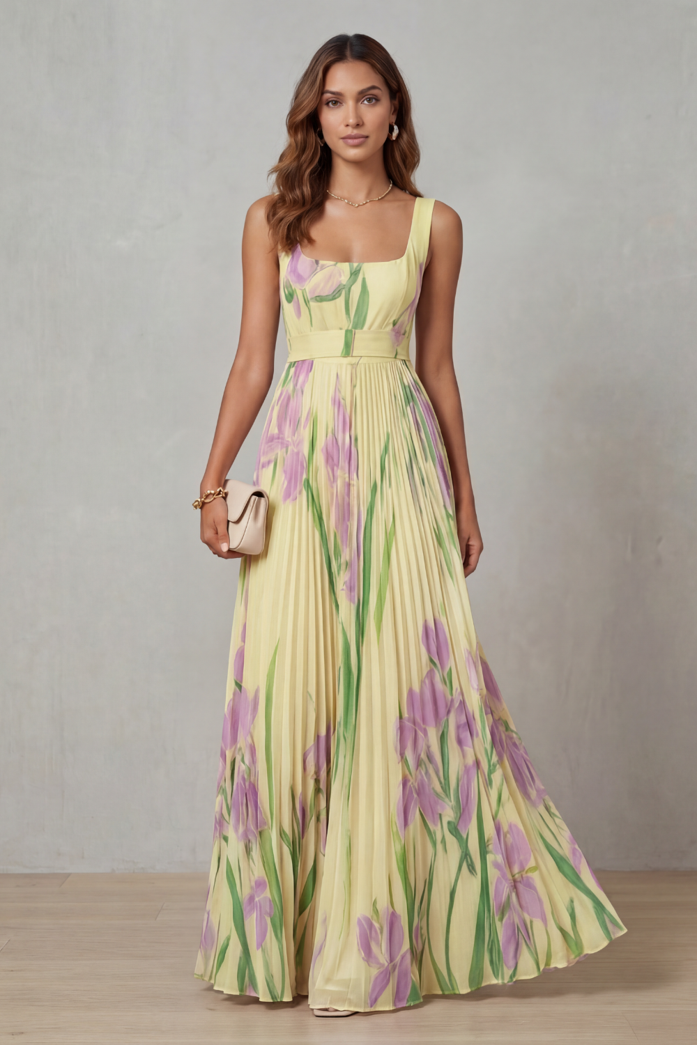 Coleen - Robe Maxi Plissée Fleurie Aquarelle