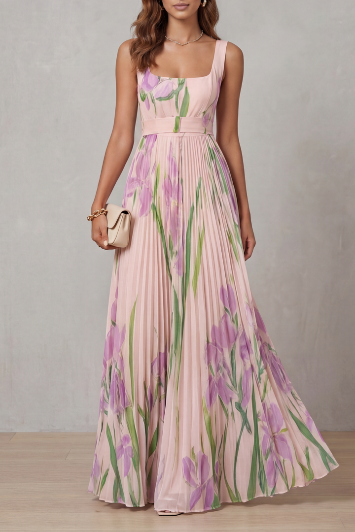 Coleen - Robe Maxi Plissée Fleurie Aquarelle