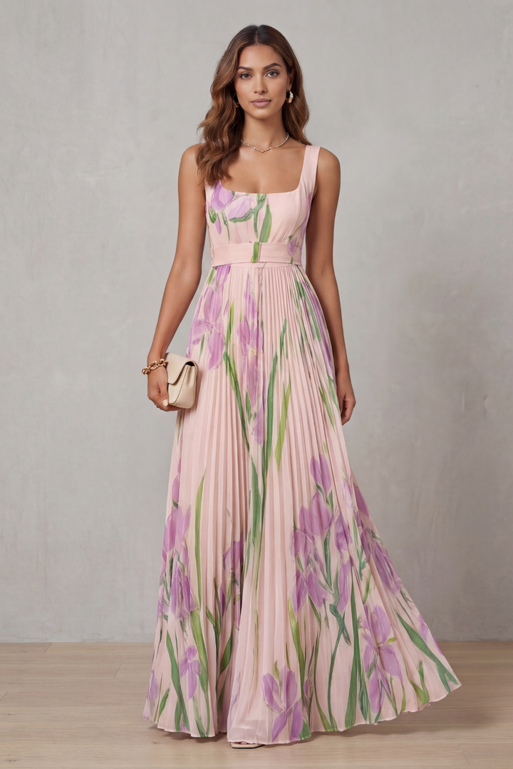 Coleen - Robe Maxi Plissée Fleurie Aquarelle