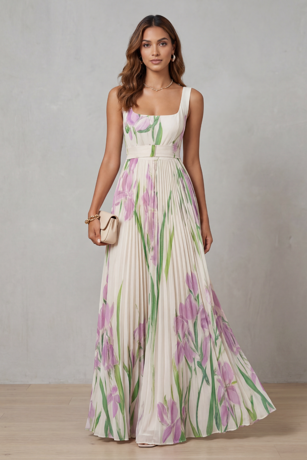 Coleen - Robe Maxi Plissée Fleurie Aquarelle