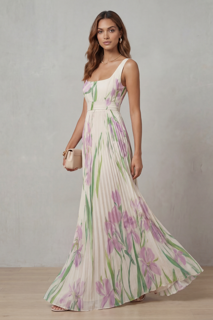 Coleen - Robe Maxi Plissée Fleurie Aquarelle