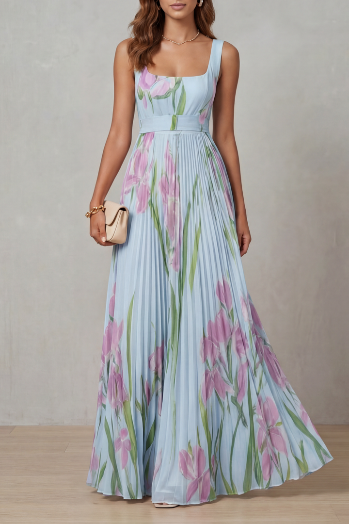 Coleen - Robe Maxi Plissée Fleurie Aquarelle