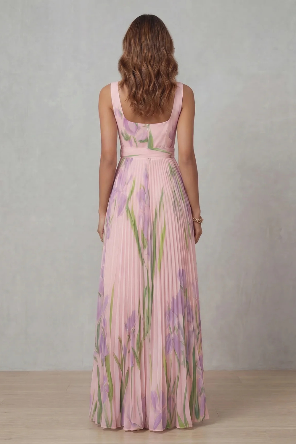 Coleen - Robe Maxi Plissée Fleurie Aquarelle