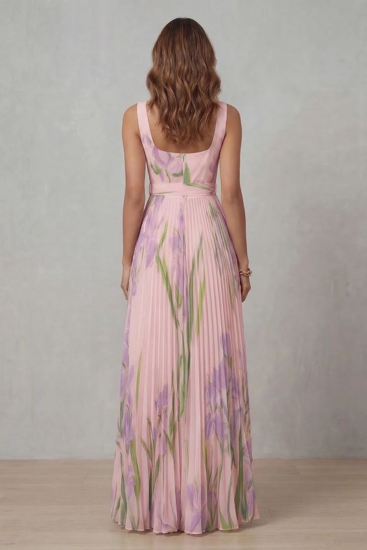 Coleen - Robe Maxi Plissée Fleurie Aquarelle