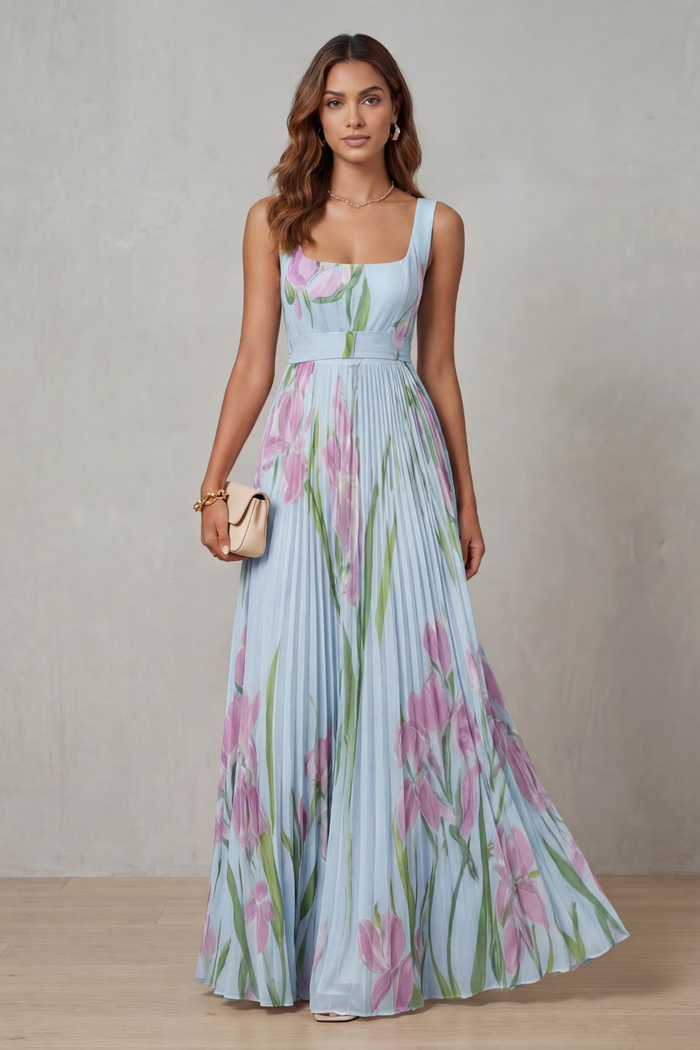 Coleen - Robe Maxi Plissée Fleurie Aquarelle