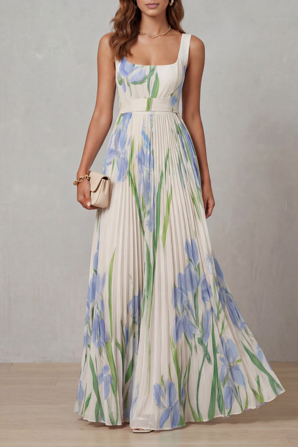 Coleen - Robe Maxi Plissée Fleurie Aquarelle