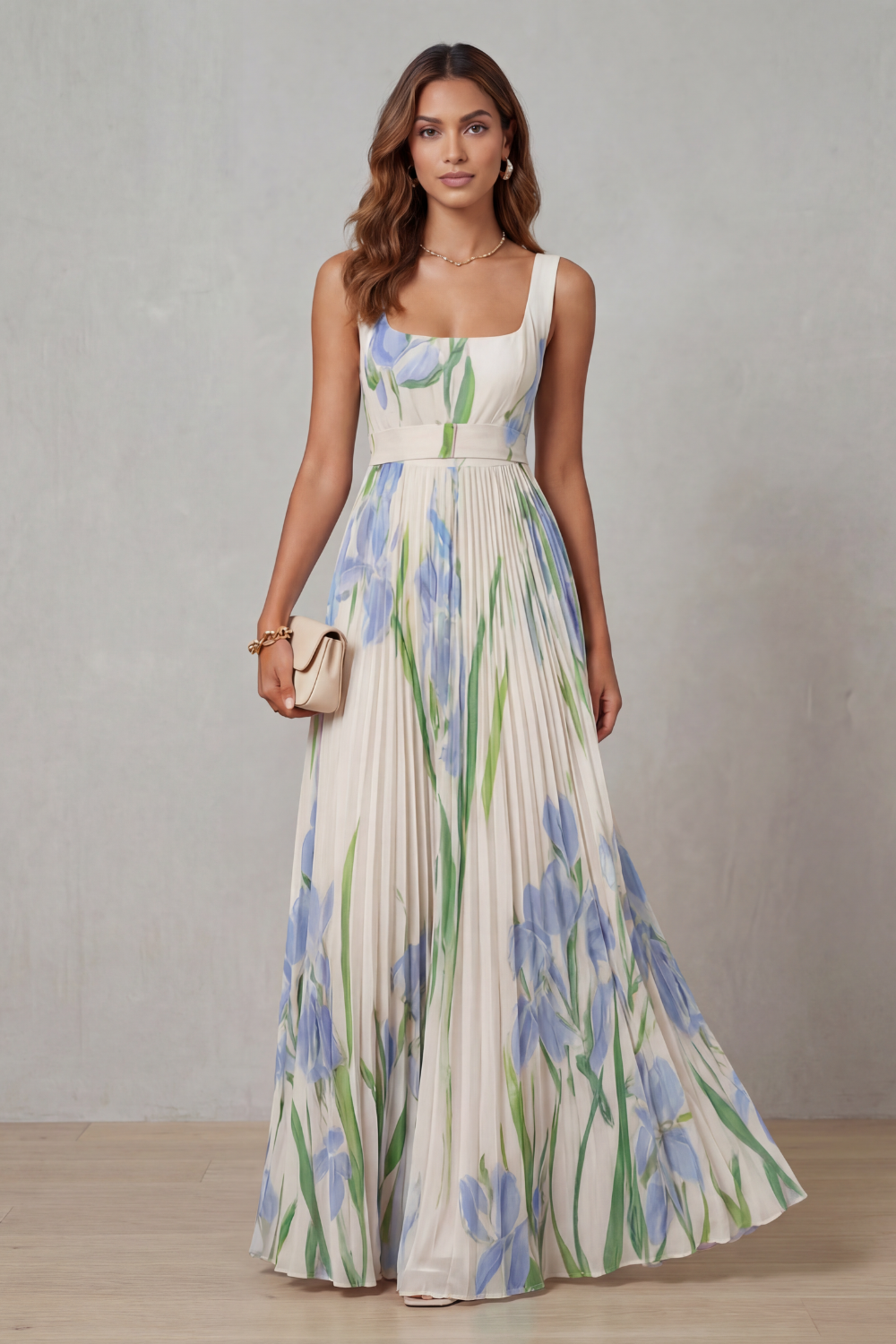 Coleen - Robe Maxi Plissée Fleurie Aquarelle